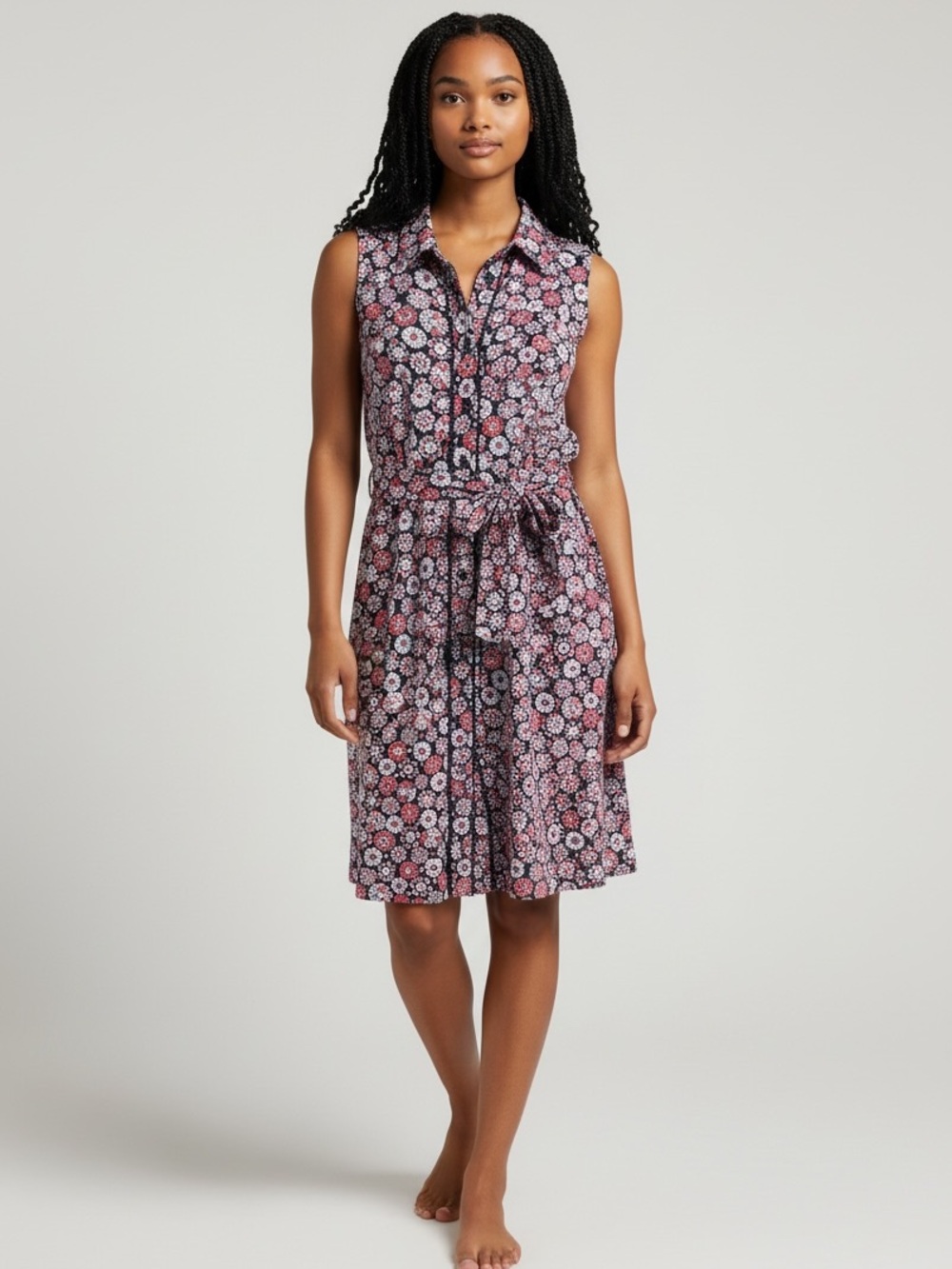 Boden Cotton Floral Button Front Belted MIDI Dress 8 Petite Red Blue Preppy